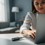 Persoon die werkt op een laptop vanuit huis met een fysieke beveiligingssleutel in de USB-poort, natuurlijk raamlicht.