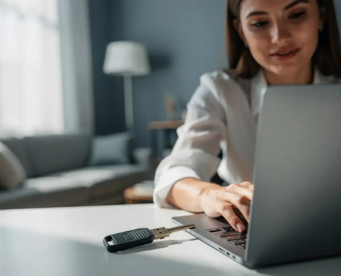 Persoon die werkt op een laptop vanuit huis met een fysieke beveiligingssleutel in de USB-poort, natuurlijk raamlicht.