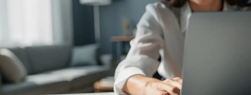 Persoon die werkt op een laptop vanuit huis met een fysieke beveiligingssleutel in de USB-poort, natuurlijk raamlicht.