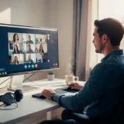 Professional thuis aan bureau met groot scherm tijdens videovergadering, kopje koffie en headset, warm natuurlijk licht.