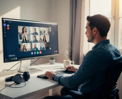 Professional thuis aan bureau met groot scherm tijdens videovergadering, kopje koffie en headset, warm natuurlijk licht.