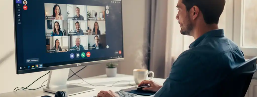 Professional thuis aan bureau met groot scherm tijdens videovergadering, kopje koffie en headset, warm natuurlijk licht.
