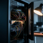 Geopend serverrack met verwarde kabels en gecorrodeerde netwerkpoort, belicht door warm amberkleurig bureaulampje in donker kantoor.