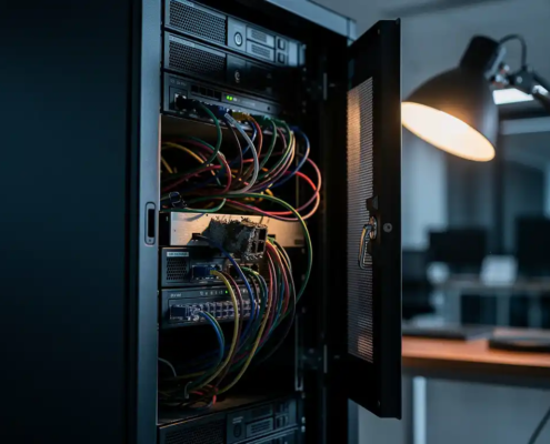 Geopend serverrack met verwarde kabels en gecorrodeerde netwerkpoort, belicht door warm amberkleurig bureaulampje in donker kantoor.