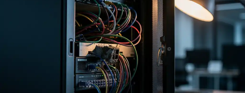 Geopend serverrack met verwarde kabels en gecorrodeerde netwerkpoort, belicht door warm amberkleurig bureaulampje in donker kantoor.