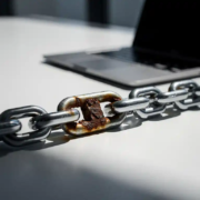 Roestige schakel in een stalen ketting op een kantoorbureau naast een laptop, symbool voor kwetsbaarheid in bedrijfsbeveiliging.