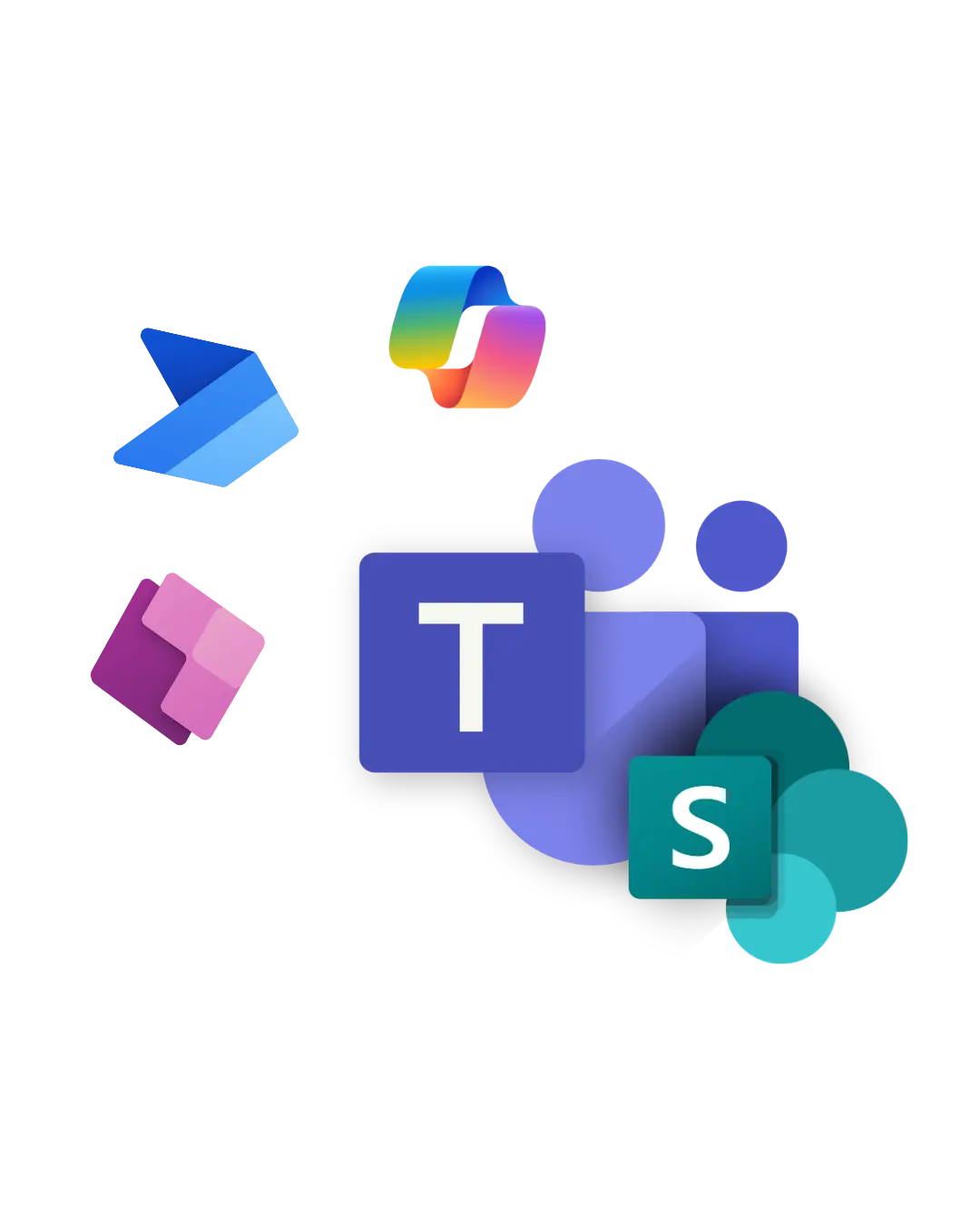 Bedrijfsapplicaties Power Apps, Power Automate, SharePoint, Teams en Copilot logo's
